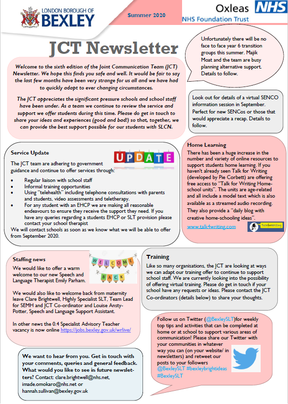 It's been a busy (and very different) summer term for the JCT - here is the 6th edition of the JCT newsletter where you can find out what we've been doing. The JCT would like to wish our schools and families a very happy and safe summer <a href="/OxleasNHS/">Oxleas NHS</a> #bexleySLT