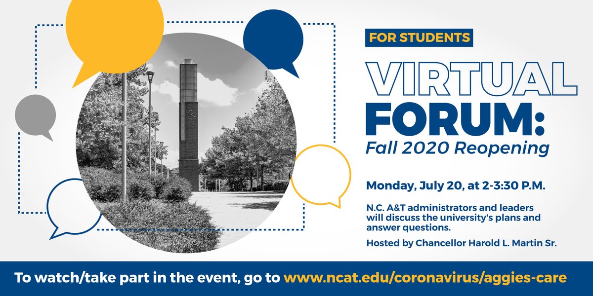 ncatsuaggies's tweet photo. If you have questions about fall 2020 reopening at #NCAT, make sure to attend/participate/watch this forum 7-20-20. Get confirmed answers about tuition, housing, health/safety plans, requirements &amp; more. #NCAT21 #NCAT22 #NCAT23 #NCAT24 https://t.co/0lQXo05jEP