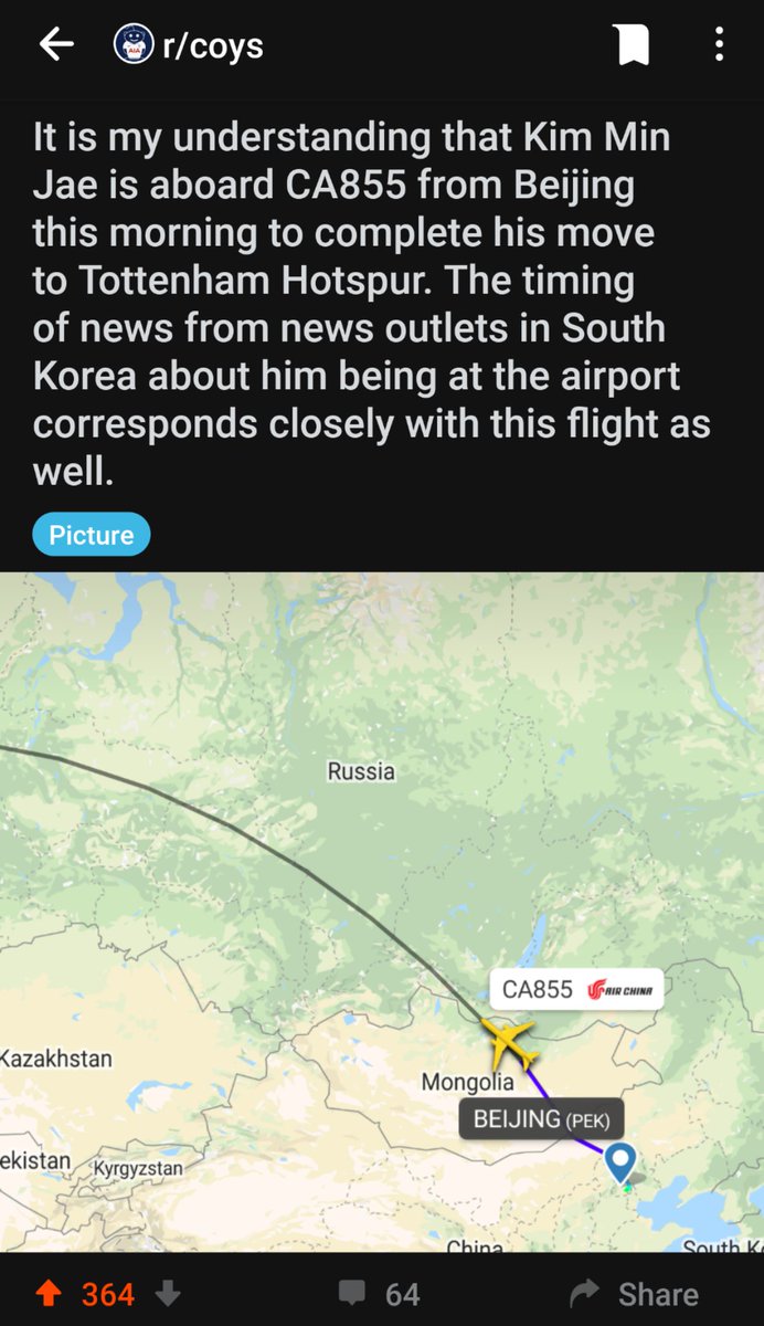 IrishAirTraffic's tweet photo. @WMuggleton Spurs fans believe that Kim Kim Jae is on his way to sign for Tottenham from Beijing Guoan! https://t.co/LdVnFMXeJX