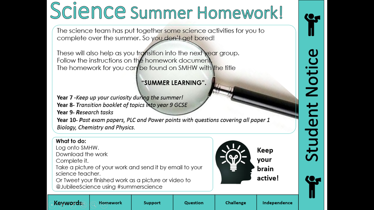 JubileeScience's tweet photo. Students of @jubileehigh don't forget that there is Science summer tasks to complete. Available on SMHW all summer. #keepJHStogether #keeplearning #scienceisfun https://t.co/sC8PcHI9UP