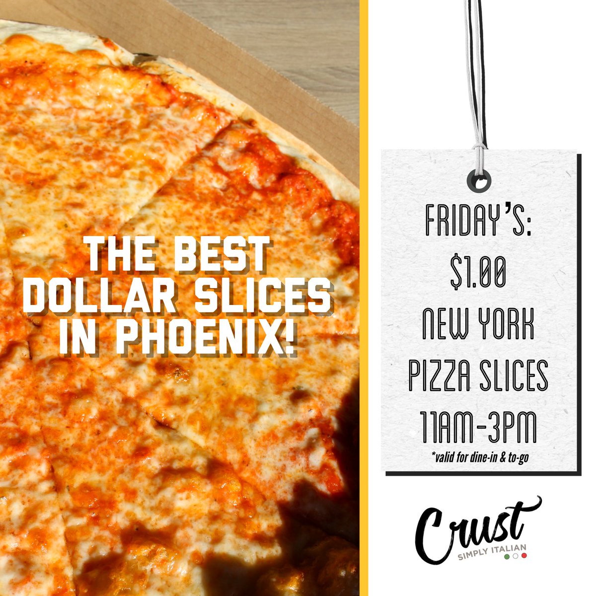 CRUSTRestaurant's tweet photo. IT’S $1.00 SLICE FRIDAYYYY!! 😋⁣
⁣
Every FRIDAY 11am-3pm get ONE DOLLAR New York Cheese Pizza Slices to-go or dine-in.
⁣
If you can’t make it in, PLEASE support by simply sharing this post &amp; tagging your Valley friends. Thank you for supporting https://t.co/fYXP9vh1p6