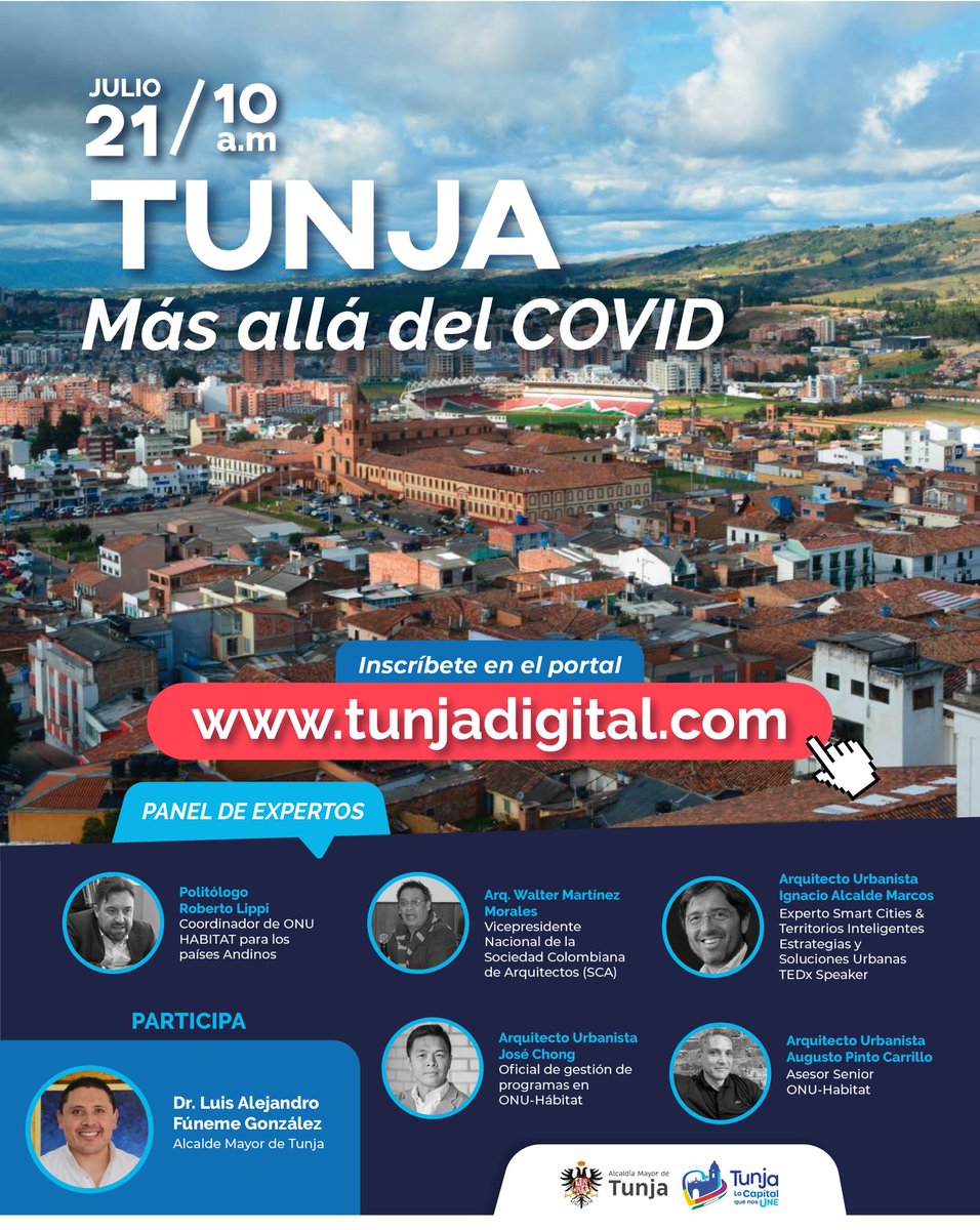 AlcaldiaTunja's tweet photo. Únete este martes 21 de julio en el seminario virtual “Tunja, más allá del COVID, hacia una nueva normalidad con visión en el futuro”, un espacio con expertos para rediseñar nuestra capital.

Inscríbete y participa aquí: https://t.co/6uIAnHmJzI https://t.co/YqdIiTdba3
