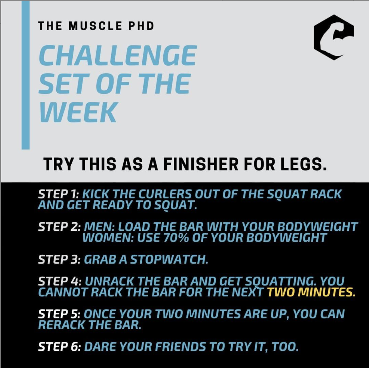 themusclephd's tweet photo. Here's a challenge that separates the beasts from the pretenders. If you're still stuck without equipment, perform bodyweight squats and try to go for more than 3-minutes straight. Either way, have fun π
#themusclephd #challengesetoftheweek #bodybuilding https://t.co/0SSjzD9Zgq