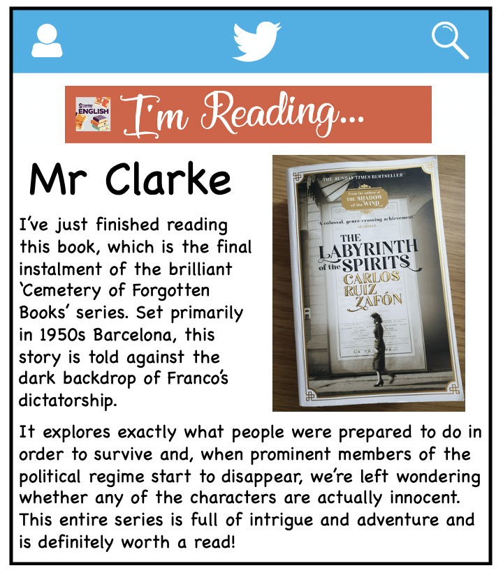 Thornleigh_Eng's tweet photo. What will YOU read this summer?

Mr Clarke is reading 'The Labyrinth of the Spirits' by Carlos Ruiz Zafón!

#readingforpleasure #SummerReading #ThornleighReading https://t.co/2pRSswuq6O