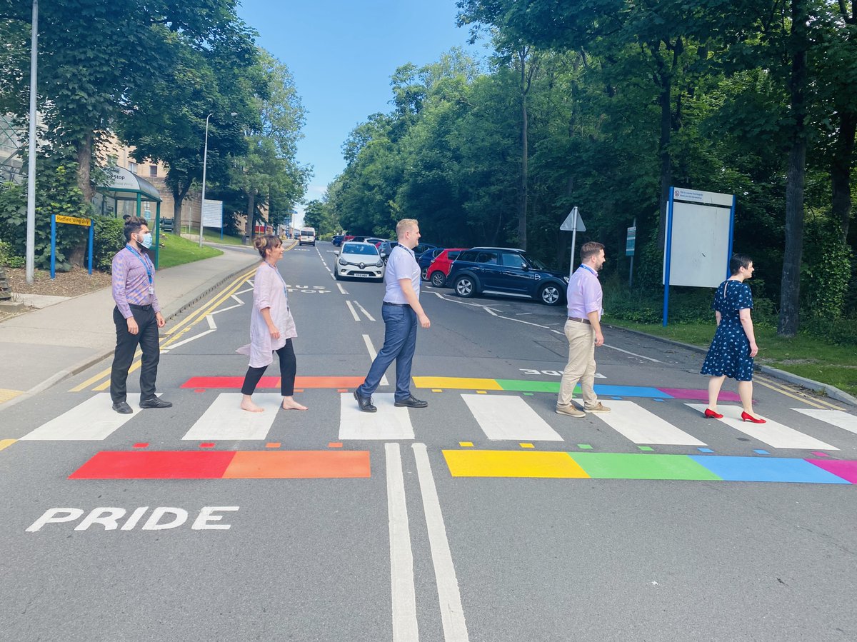 Here we all are *trying* to do our Beatles at Abbey Road thing on the new PRIDE crossing at the Northern General Hospital.  We even include a McCartney barefooter... 😉#BringYourselfToWork #PROUD #PRIDE <a href="/SheffieldHosp/">Sheffield Hospitals</a> #LGBTQNetwork