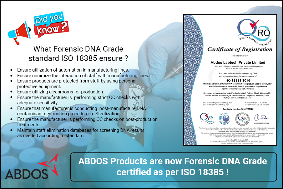 AbdosLabtech's tweet image. ABDOS Products are now Forensic DNA Grade certified as per ISO 18385!
#creatingforlifescience #lifesciences #lifescience #abdos