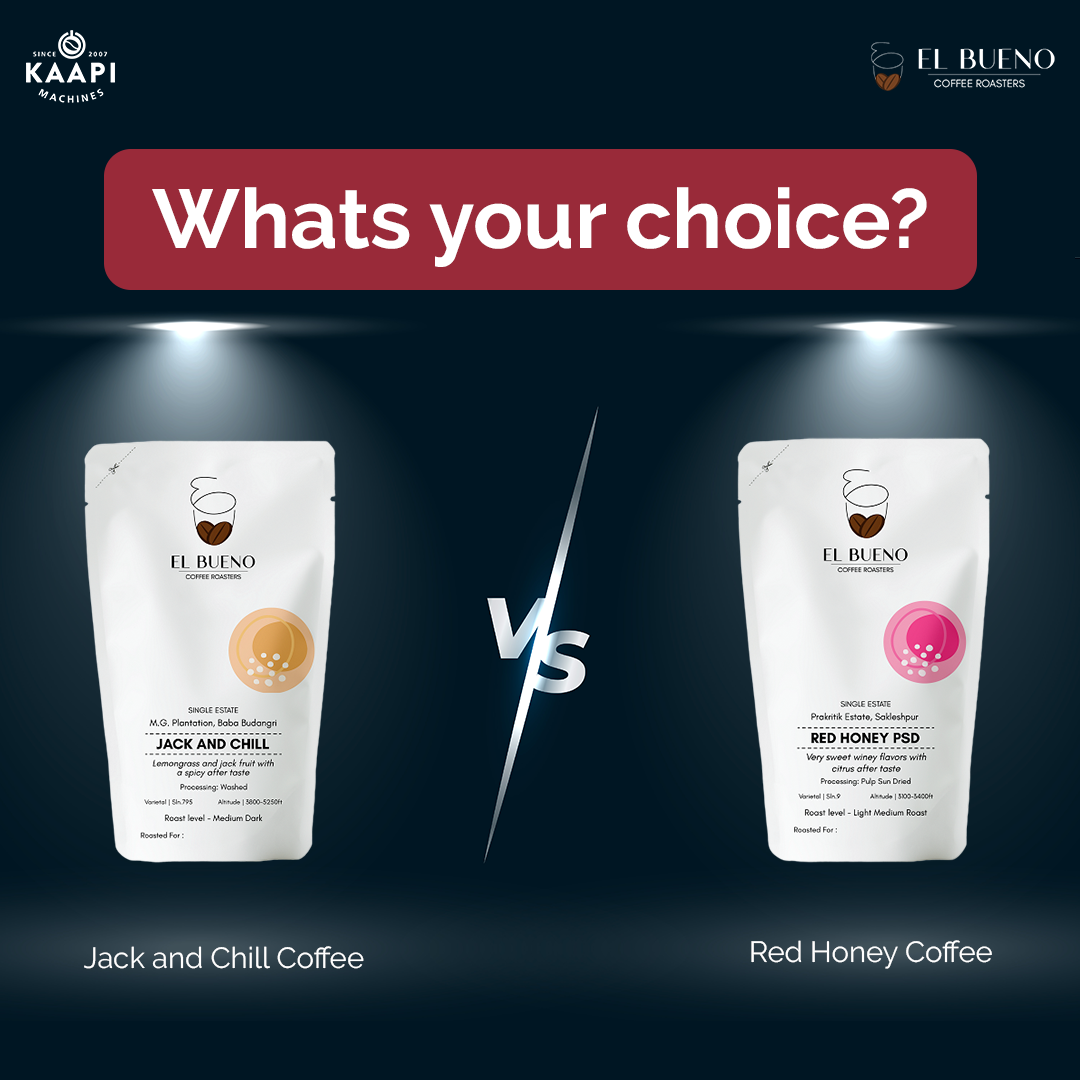 kaapimachine's tweet photo. What's your choice? 
Pick your favourite between these two signature blends of El Bueno Coffee.
Jack and Chill or Red Honey

And let us know your choice

#ThinkCoffeeThinkKaapi #coffeetypes #KaapiMachines #recipe #recipes #coffee #coffeerecipes  #BaristaDaily #BaristaIndia https://t.co/XHINHjMYi9