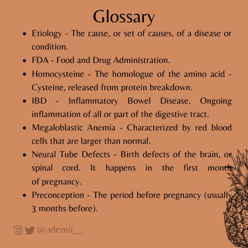 Alright guys, that’s it! Thanks for engaging with me on  #nutritionfridayswithademi. I’ve attached a glossary for terms I used in this thread.Remember, it is important to take Folate and for women, to take Folic Acid long before you get pregnant.