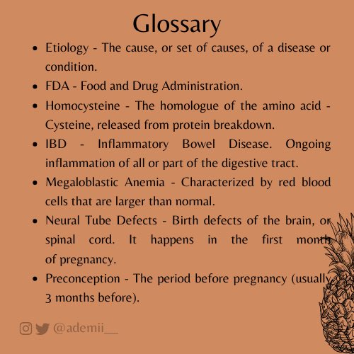 Alright guys, that’s it! Thanks for engaging with me on   #nutritionfridayswithademi. I’ve attached a glossary for terms I used in this thread.Remember, it is important to take Folate and for women, to take Folic Acid long before you get pregnant.