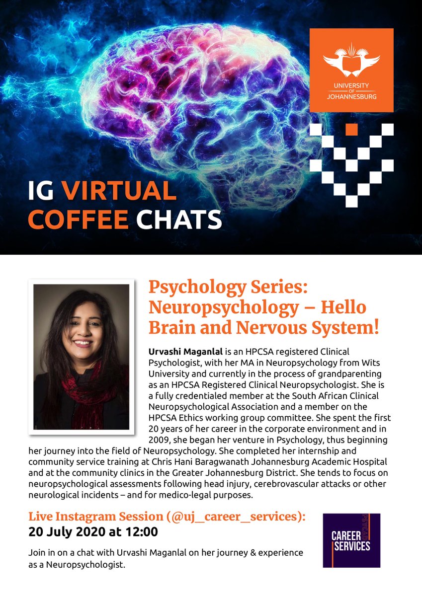UJCareerService's tweet photo. We have got a bonus Psych session for you :) You are welcome lol. Join us on Monday as we learn more about the field of Neuropsychology from a practicing neuropsychologist.
#LetsStayConnected
#PsychologySeries
#PsychStudentsStandUp https://t.co/rniVPOc5sL