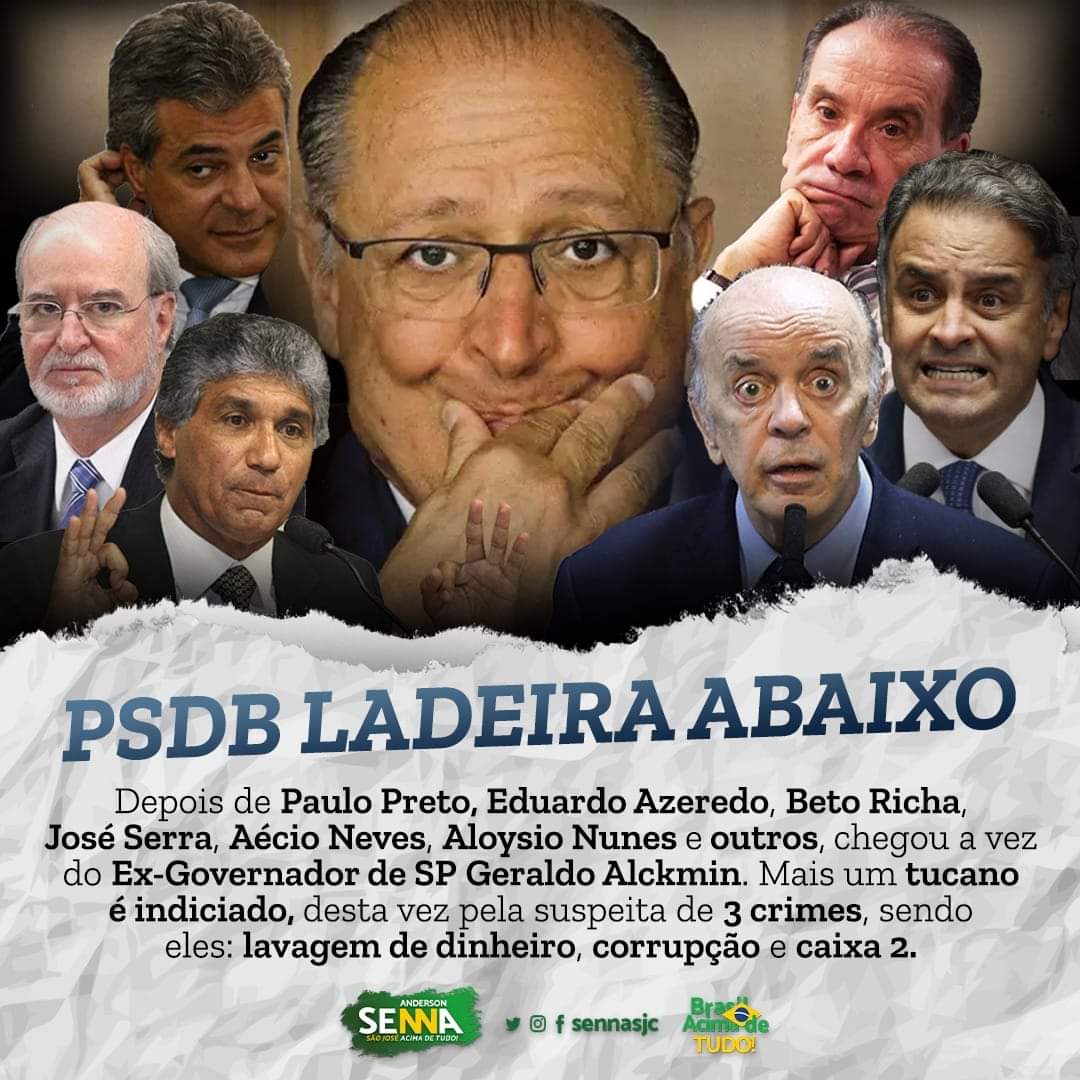 sennaoficialsp's tweet photo. 🚨 PSDB LADEIRA ABAIXO!
Depois de outros tucanos como Paulo Preto e José Serra, chegou a vez do Ex-Governador Geraldo Alckmin ser indiciado pela operação Lava Jato da PF por corrupção passiva, caixa dois e lavagem de dinheiro.
#chegadePSDB https://t.co/W38iyYzWBH