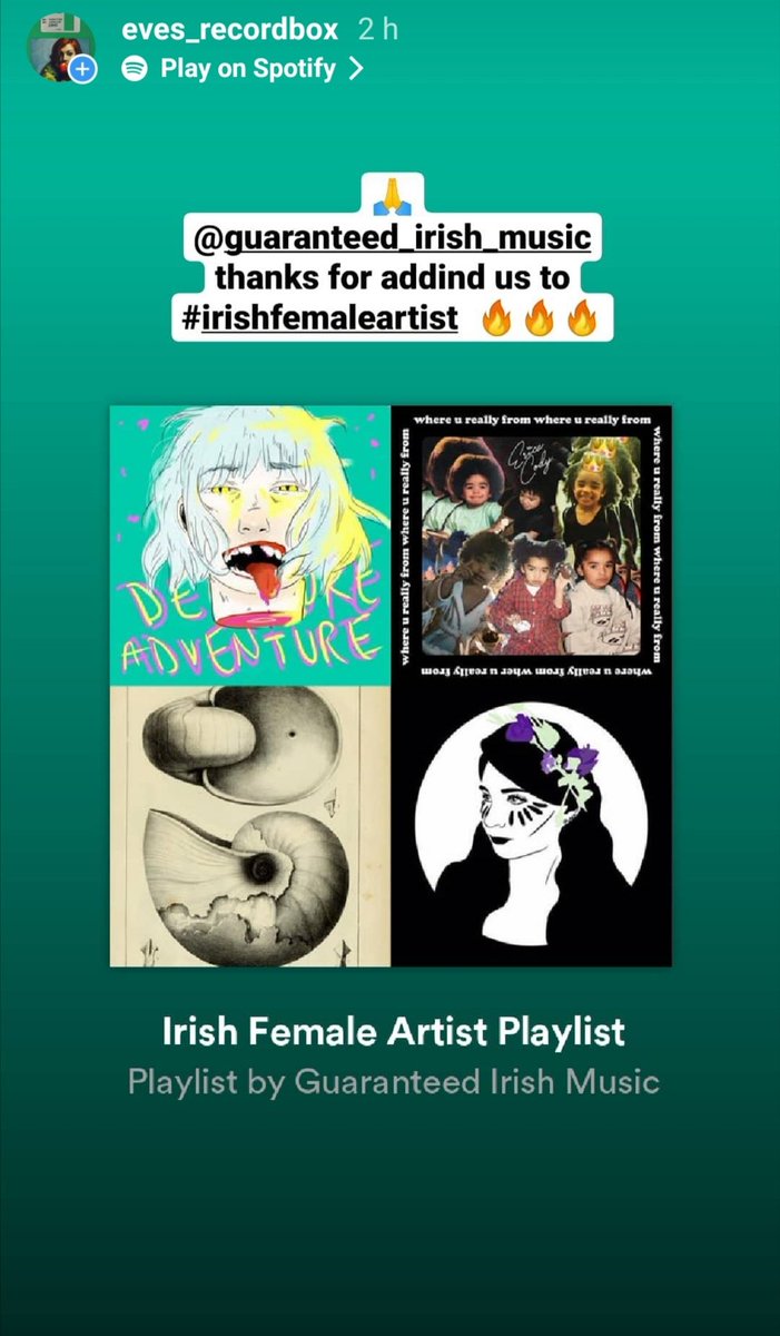 RecordEve's tweet photo. Nice playlist on @spotify for Irish female artists by @IrishGuaranteed #SPOTIFYPLAYLIST #genderdisparityradioire #irishfemaleartists https://t.co/RXiiaCz6TX