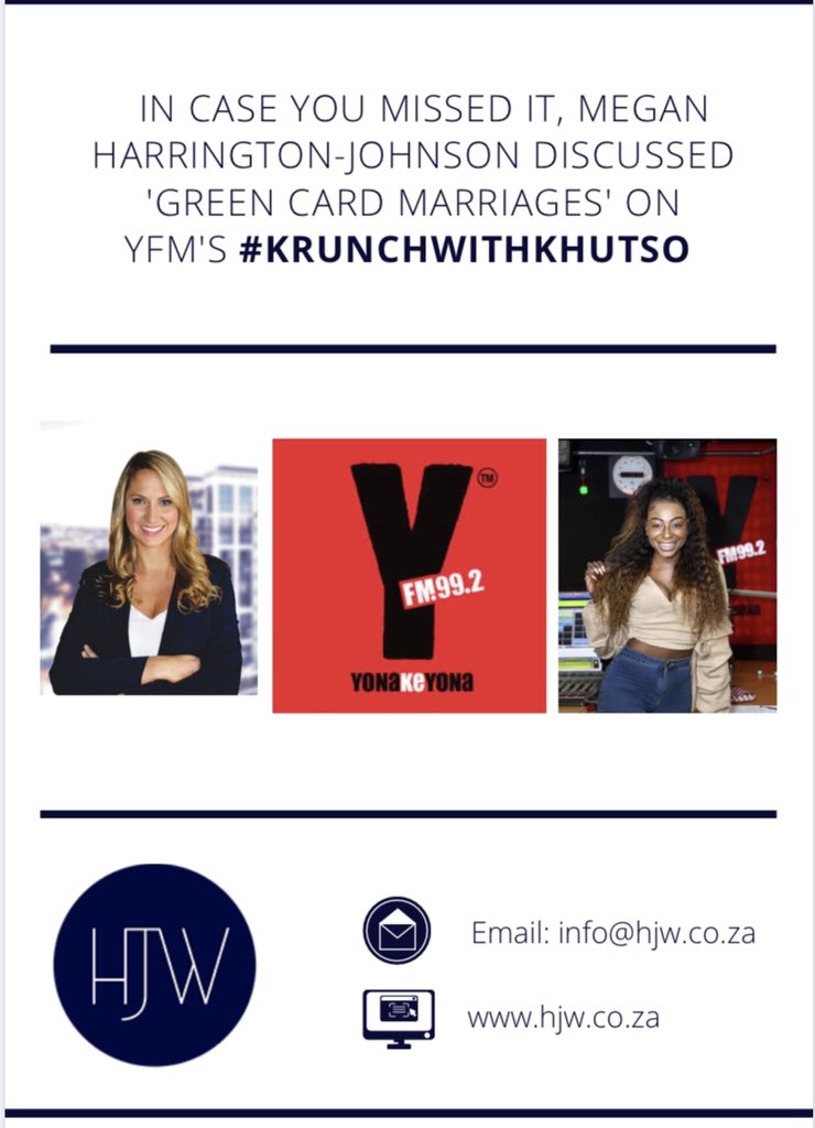 I chatted to <a href="/KhutsoTheledi/">Khutso Theledi</a>  on <a href="/Yfm/">Y</a>  yesterday regarding #GreenCardMarriages- catch the podcast here: echocast.fabrik.fm/xp9ZQM0DR8nyGN (follow at <a href="/hjw_attorneys/">HJW Attorneys</a> for more legal updates)