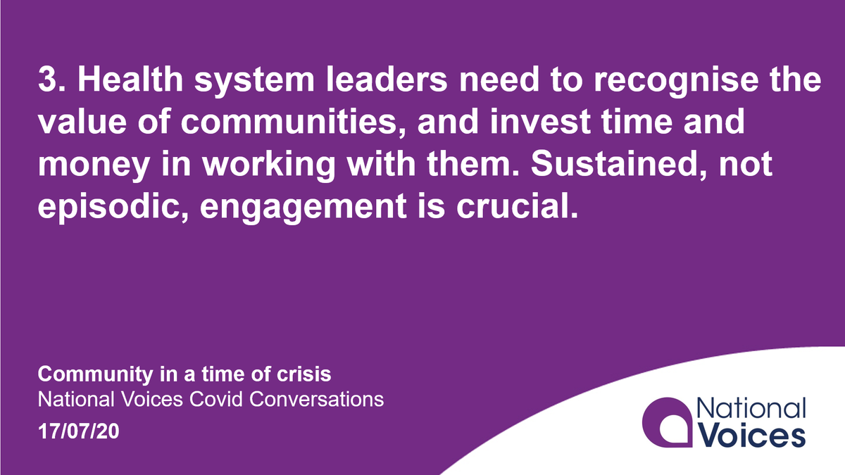 3. Health system leaders need to recognise the value of communities, and invest time and money in working with them.  #HWAlliance  #OurCovidConversations (4/6)