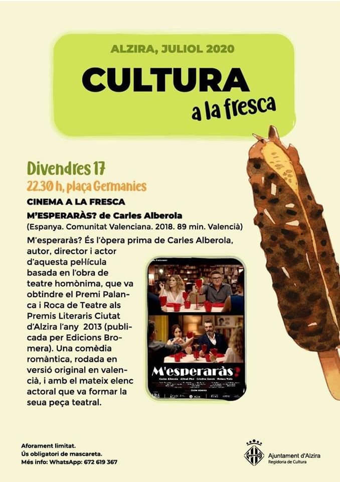 M_esperaras's tweet photo. 🔴 Hui "M'ESPERARÀS?" en Alzira!! | Divendres 17 de juliol, plaça Germanies a les 22.30 hores 🎥 @AjuntAlzira @AlbenaProducci1 

Ús obligatori de mascareta 😷 Aforament limitat i controlat amb mesures de seguretat (COVID19) https://t.co/BrRs5xZUgA
