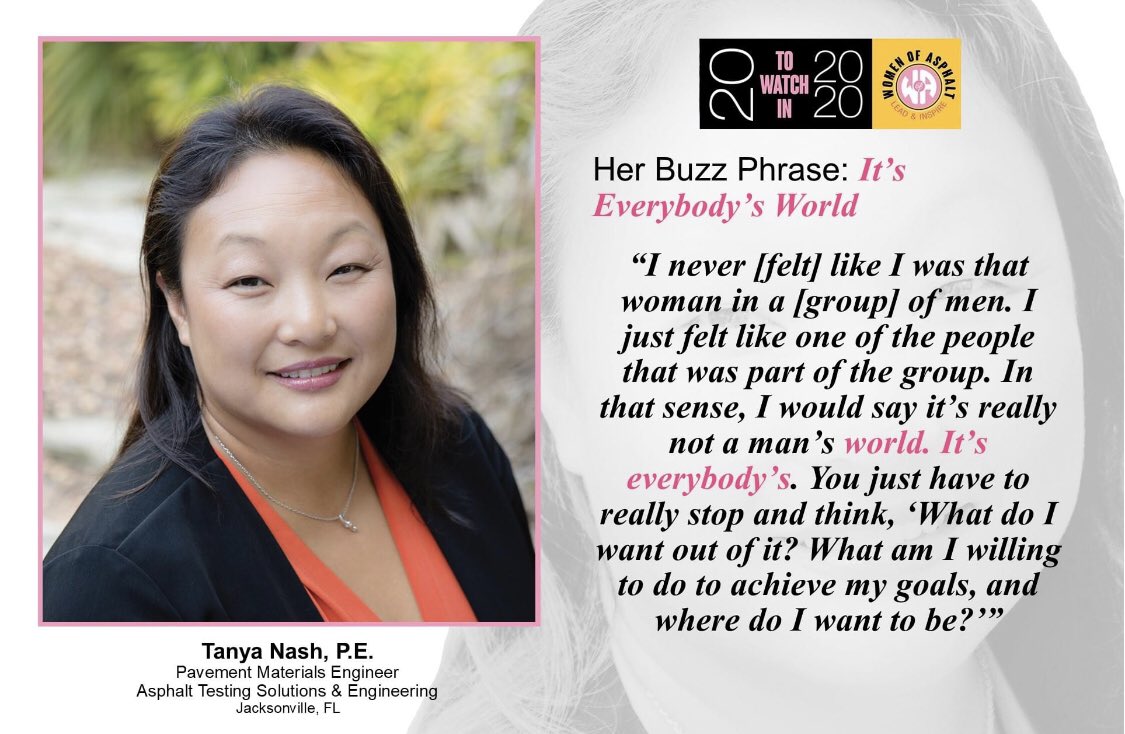 womenofasphalt's tweet photo. The next featured WofA 20 to Watch in 2020 is Tanya Nash, P.E.  Listen as Tanya brilliantly uses Vanilla Ice's iconic words to illustrate how to be successful and shares her sinuous path to the industry she loves. 

https://t.co/UlFPc7zCWb

@www.asphalttesting.info https://t.co/jaPEuJ6KNE