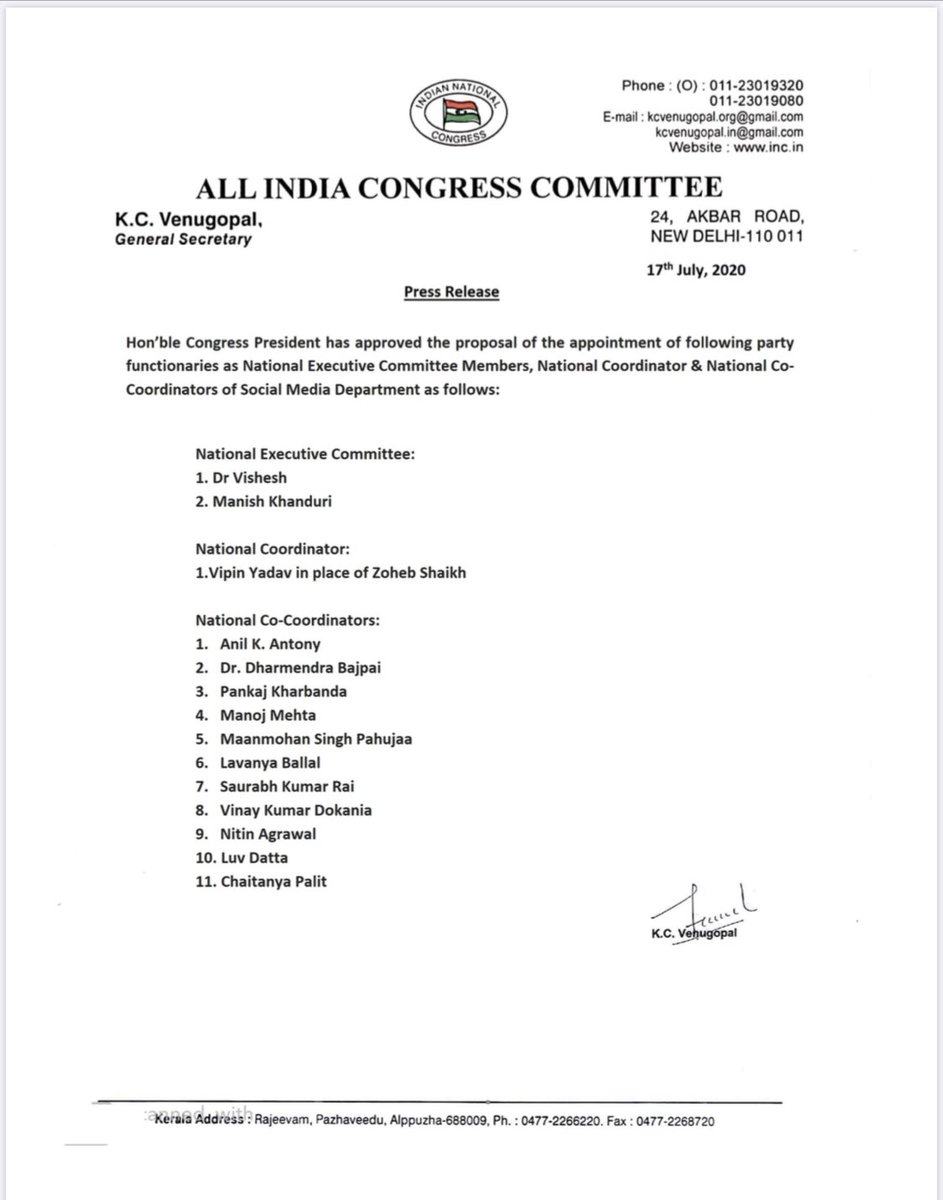 anushesh_sharma's tweet photo. Congratulations &amp; Best wishes to all the newly appointed office bearers of @INCSMDept.

I was delighted to see some very known &amp; deserving name's in this list. I congratulate @VipinINC Bhai, @SaurabhRaInc Bhai &amp; @LavanyaBallal for new responsibility. Wish you the best. https://t.co/m0jrGeDedC