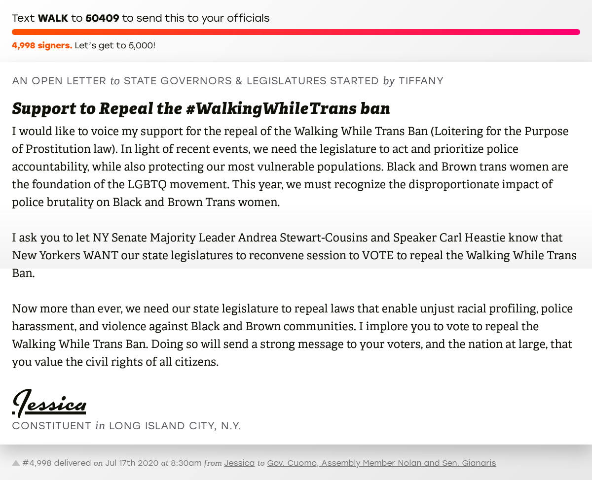 resistbottrends's tweet photo. 📈 “Support to Repeal the #WalkingWhileTrans ban” just hit 5,000!

✒️ Sign it to send a copy to your officials: https://t.co/3la991fgT0 https://t.co/wrxF49OhyJ