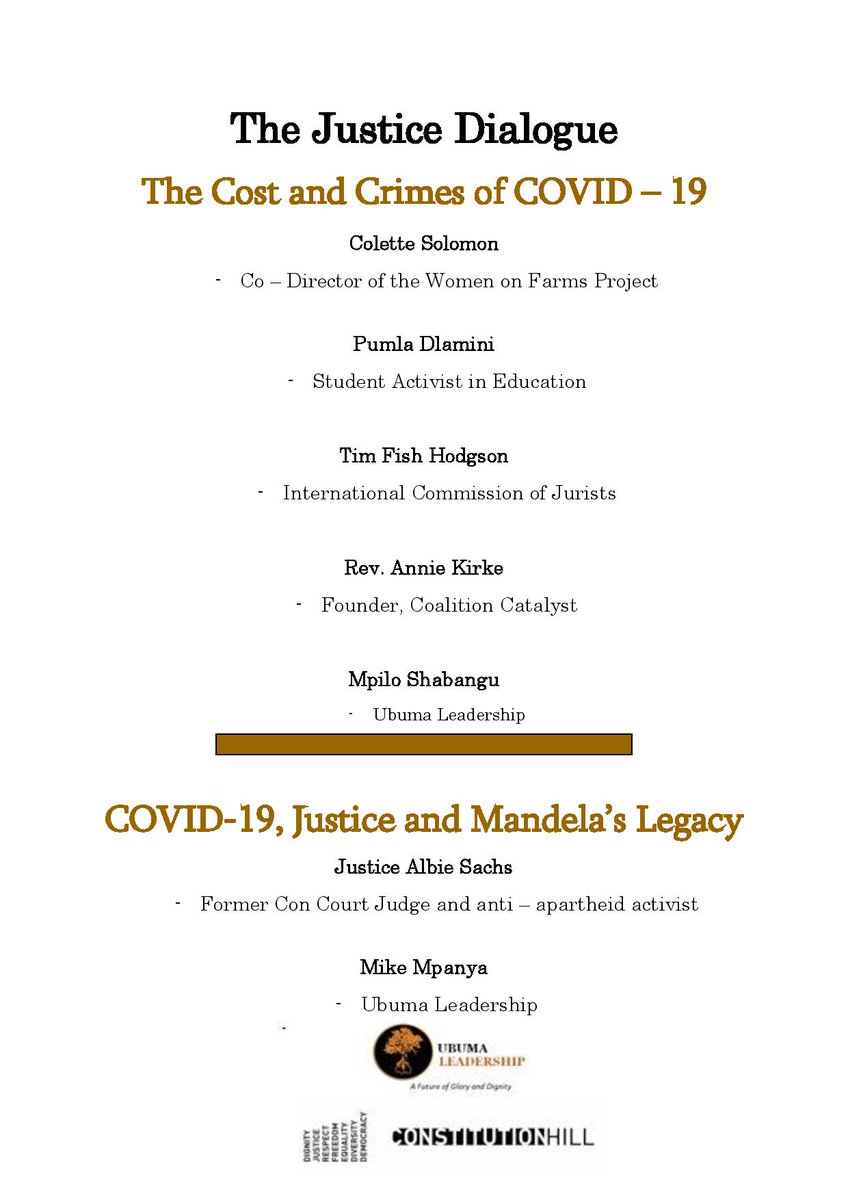 VisitConHill's tweet photo. Ubuma Leadership in partnership with ConHill presents, The Justice Dialogue. This Dialogue will have two panel discussions, “The Costs & Crimes of Covid-19” & the “Covid-19, Justice & The Mandela Legacy”. Join us on Facebook Live tomorrow at 10h00 #JusticeDialogue https://t.co/oQ7apaUyKY