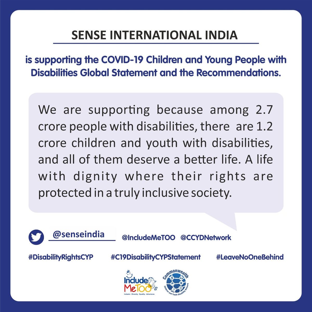 senseindia's tweet photo. Our message on us supporting the COVID-19 children and young people with disabilities Global Statement and Recommendations.
#SenseIndia #deafblind #DisabilityC19
#DisabilityRightsCYP
#LeaveNoOneBehind #IMTOO #IncludeMeTOO https://t.co/9OWBlsmPB0