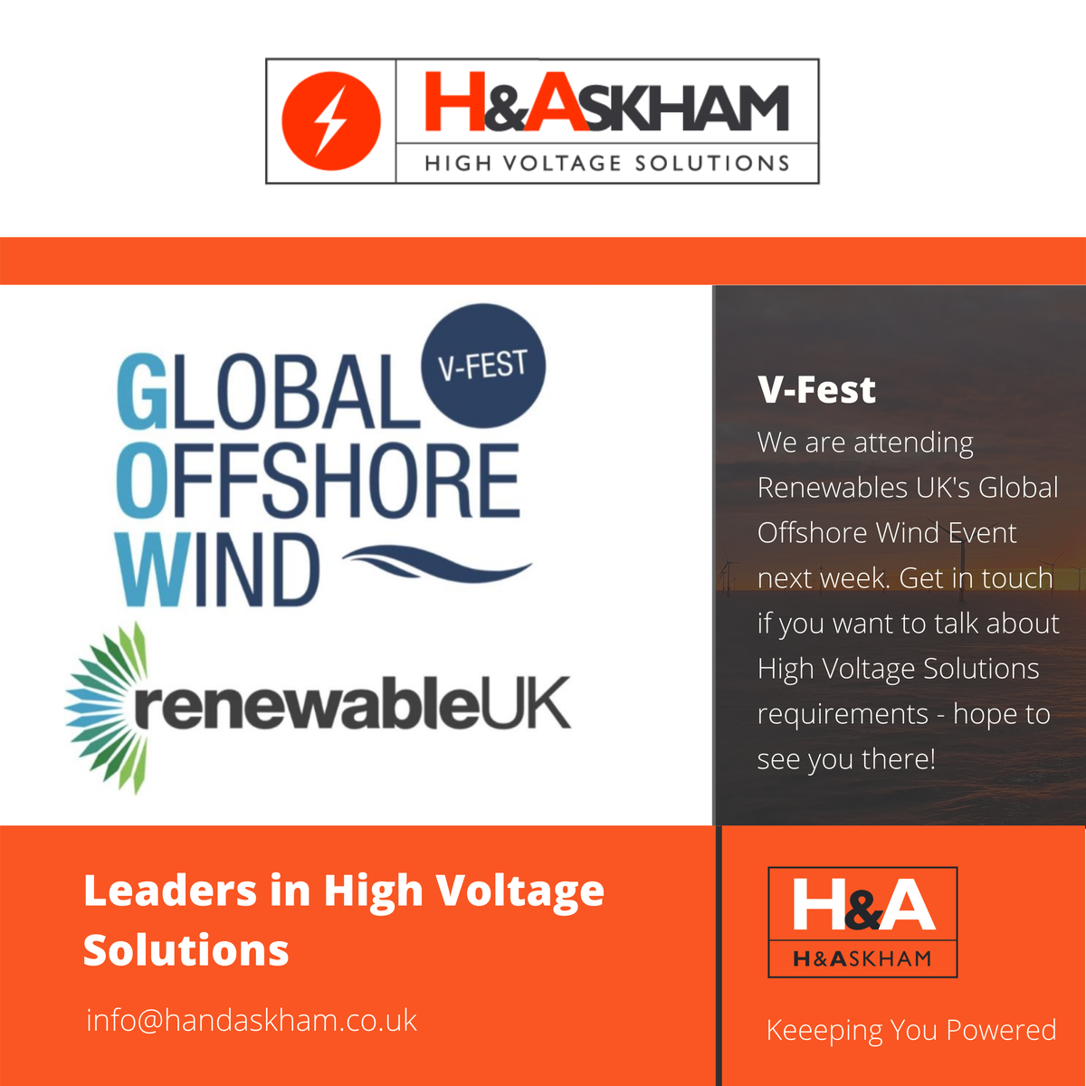 Askhams's tweet photo. H&Askham is attending @RenewableUK RenewableUK #GOWVFEST20 next week.
Get in touch if you want to chat about High Voltage Solutions projects, hope to see you there!
#offshorewind #keepingyoupowered #renewables https://t.co/pijAWDvGtV