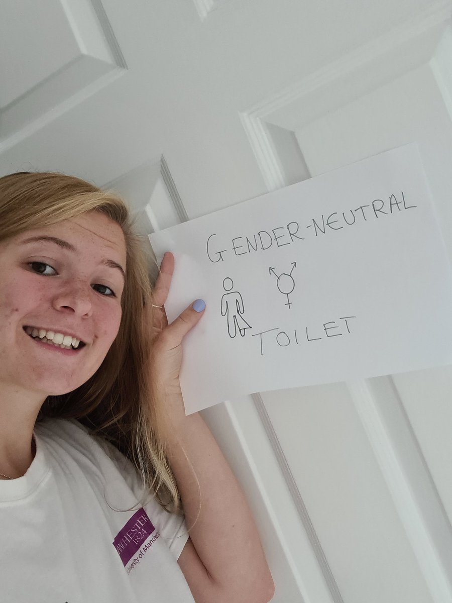SarahMHilton's tweet photo. Fun fact! The bathroom in your home is gender neutral! You use a #genderneutraltoilet every day! So wouldn’t it be okay to have them at uni too? @OfficialUoM @UoMEandD @UoMLGBT #free2pee #lockdownloos #nonbinaryawarenessweek https://t.co/c3wRt9lH1v https://t.co/O2enzi2C7M