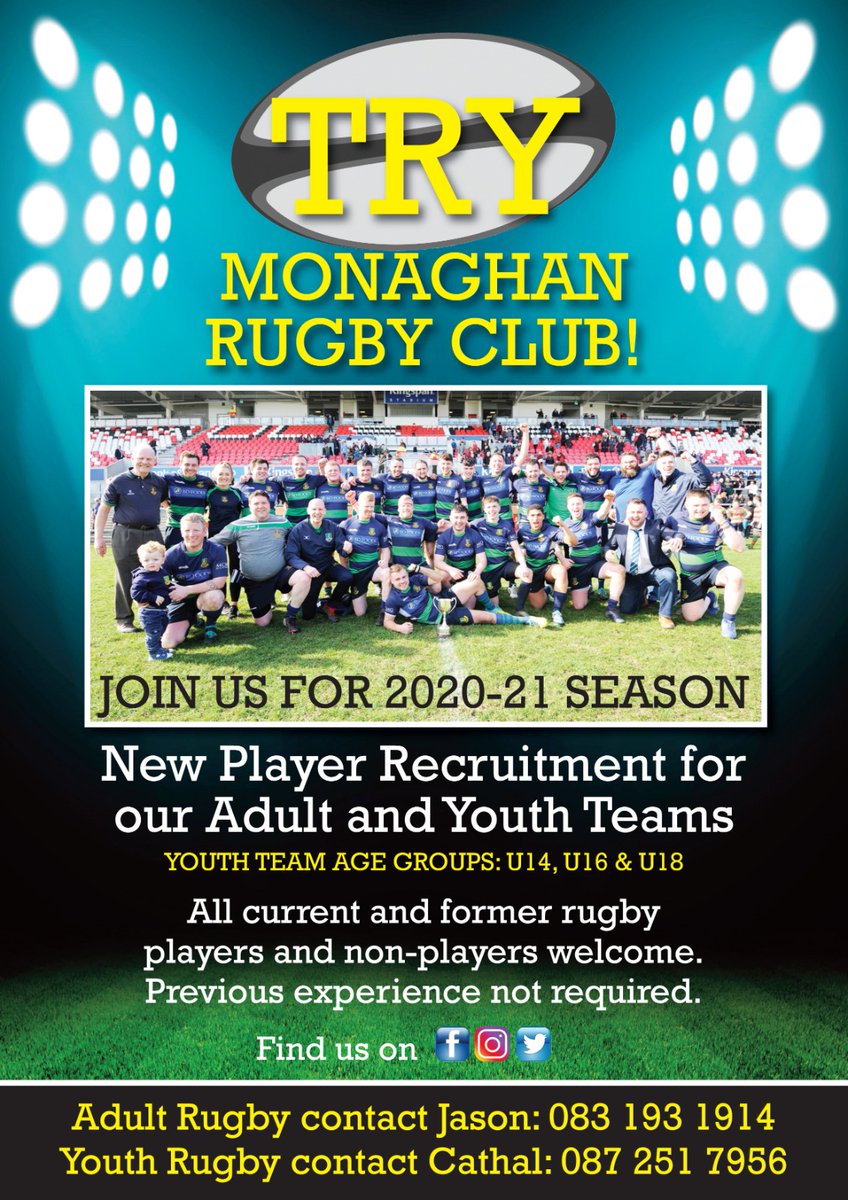 Monaghan Rugby Club NEW PLAYER RECRUITMENT for ALL ADULT & YOUTH TEAMS.

We welcome all new players to come along and get involved in our Club, get fit, make friends and have fun playing.
#AldiPlayRugby #playrugby #teamofus #ulsterrugby