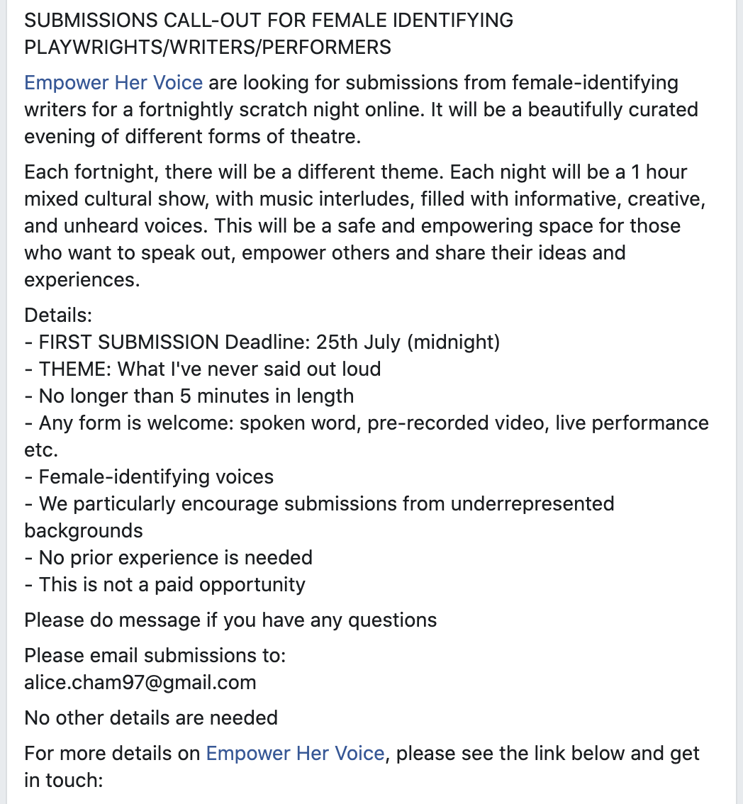 SUBMISSION CALL-OUT. Please see below:
@empowerhervoice. Please share if possible !