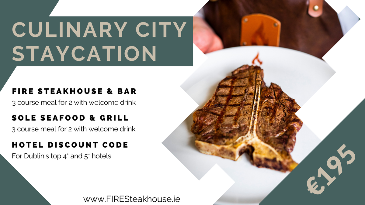 Re-discover Dublin with our new Culinary City Staycation package. Enjoy a 3-course meal for two with a welcome drink in two award-winning restaurants, FIRE and SOLE Seafood &amp; Grill, plus when you book you'll receive discount codes for hotels in Dublin. firesteakhouse.ie/culinary-city-…
