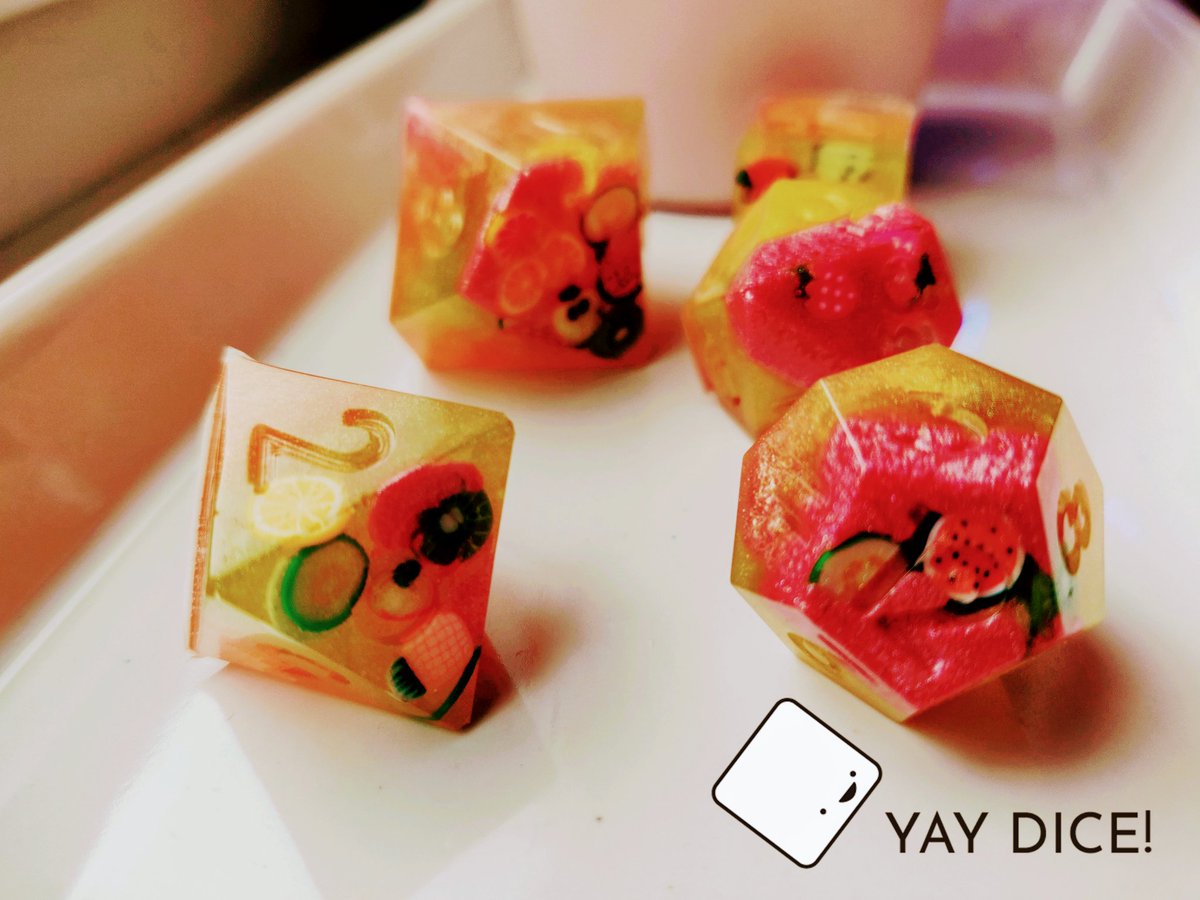 We're so excited about these prototype Summer Fruits #dice designs! Works-in-progress and need some sanding and touch-ups, but really digging how the colours have come out - so juicy! 🎲🎨🍉🍍🍓😍 #YayDice #NayDiceYayDice