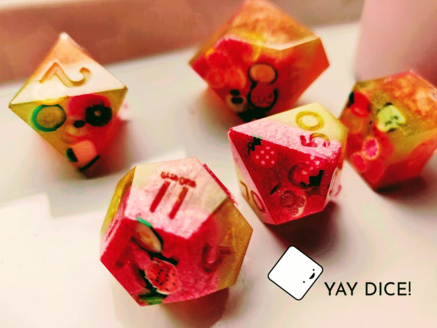 DiceYay's tweet photo. We're so excited about these prototype Summer Fruits #dice designs! Works-in-progress and need some sanding and touch-ups, but really digging how the colours have come out - so juicy! 🎲🎨🍉🍍🍓😍 #YayDice #NayDiceYayDice https://t.co/mnTJfeUWhh