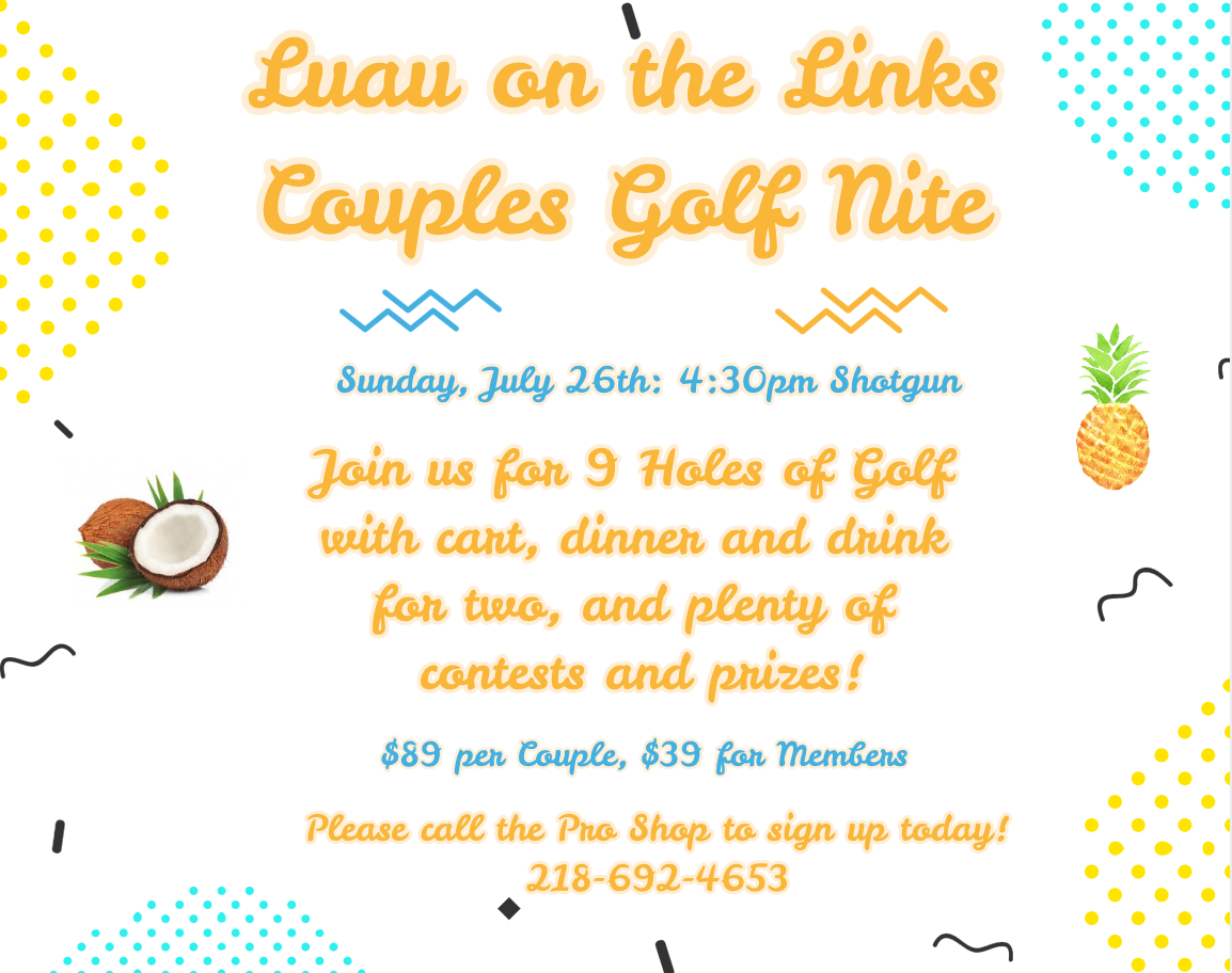 CrosswoodsGolf's tweet photo. Let Crosswoods plan date night for you! Luau on the Links Couples Golf Nite is Sunday, July 26th, 4:30pm. Join us for 9 holes of golf, dinner and drink for two, and plenty of contests and prizes. Call the Pro Shop to sign up today! https://t.co/XdHEUEZRQI