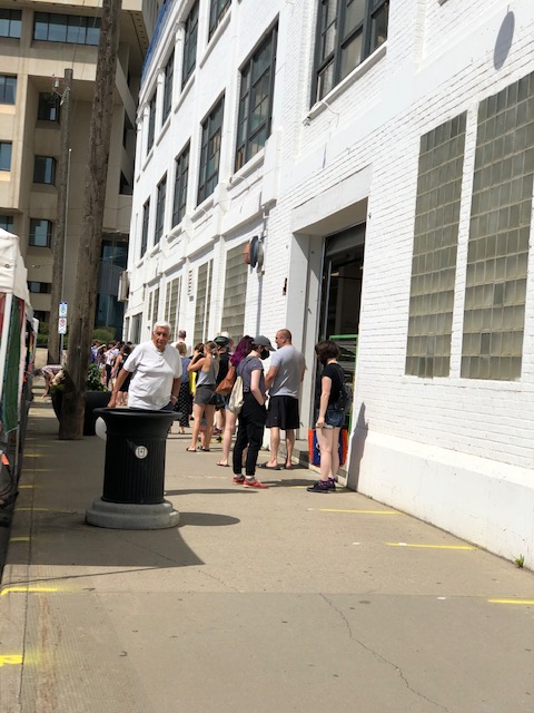 YegdtMarket's tweet photo. Lines are daunting, we know.  We appreciate your patience if you have to wait to enter our market.  The wait from a spot from the far end of the building near the parking lot is only about 15 minutes. It moves pretty quick. Thank you for continuing to shop with purpose. https://t.co/BqCTGSvKUR