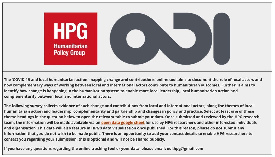 hpg_odi's tweet photo. How is the #humanitarian system adapting to #COVID19? @hpg_odi want to hear about your experience. Complete this questionnaire which will help develop an online mapping tool available to all: https://t.co/BQR7AJwQhW #COVIDLocalisation https://t.co/I9nChB4GGe