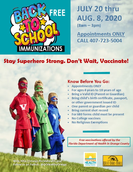 DohOrange's tweet photo. Our FREE Back to School Immunization event starts THIS Monday, July 20. OCPSnews parents, make an appointment. Call 407-723-5004, then press 2. For Ages 4 to 18 years of age only. Bring child’s current shot record &amp; birth certificate. Parents must bring valid ID. @OrangeCoFL https://t.co/1BdFb07lbH