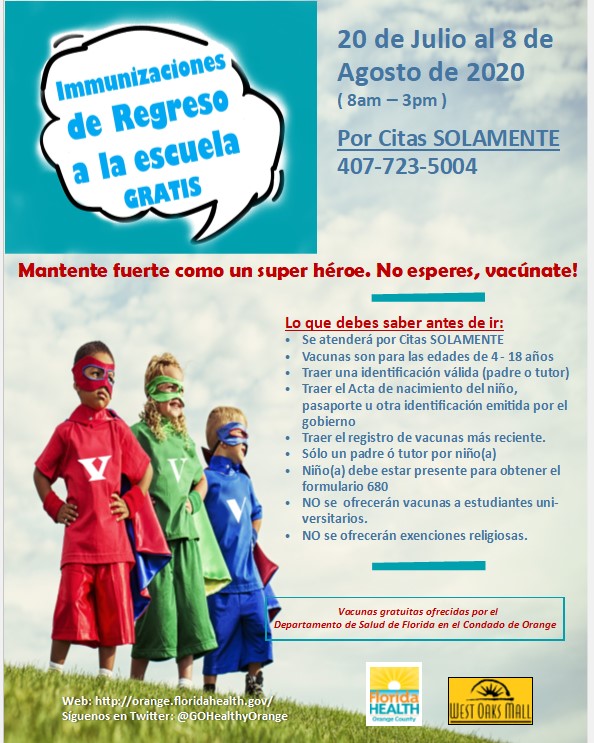 DohOrange's tweet photo. Our FREE Back to School Immunization event starts THIS Monday, July 20. OCPSnews parents, make an appointment. Call 407-723-5004, then press 2. For Ages 4 to 18 years of age only. Bring child’s current shot record &amp; birth certificate. Parents must bring valid ID. @OrangeCoFL https://t.co/1BdFb07lbH