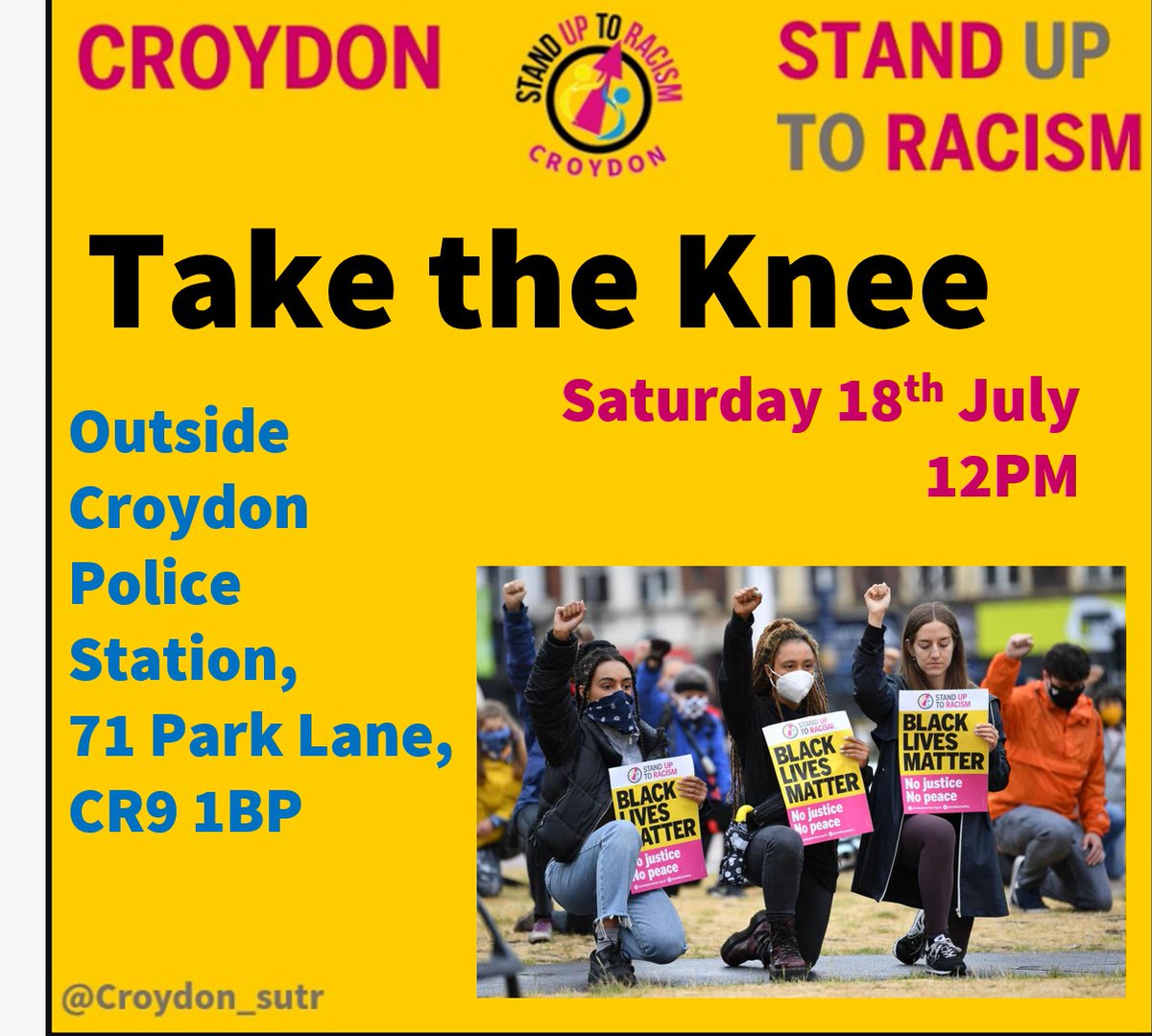croydonsutr's tweet photo. Join us tomorrow for a take the knee outside Croydon Police Station to call for an end to stop and search

#TakeTheKnee #endstopandsearch https://t.co/exmr9X2DWH
