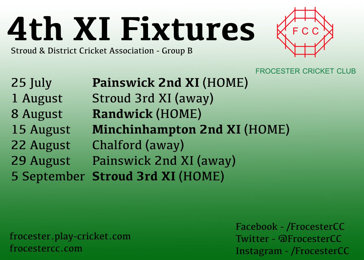 FrocesterCC's tweet photo. Our 4th XI @SDCA16 fixtures have been released! 

💪👀📆

#vivafrosvegas #frocester #firebirds https://t.co/LE3gjpkR2p