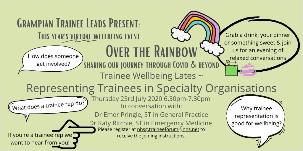 Ever wondered what trainee reps do on your behalf or why anyone would want to get involved in the first place?

Join us for our trainee #wellbeing lates session on Thursday 23/07

A relaxed evening of chats over🍹🍰with our panelists <a href="/katy_ritchie17/">Katy Ritchie</a> &amp; Dr Emer Pringle