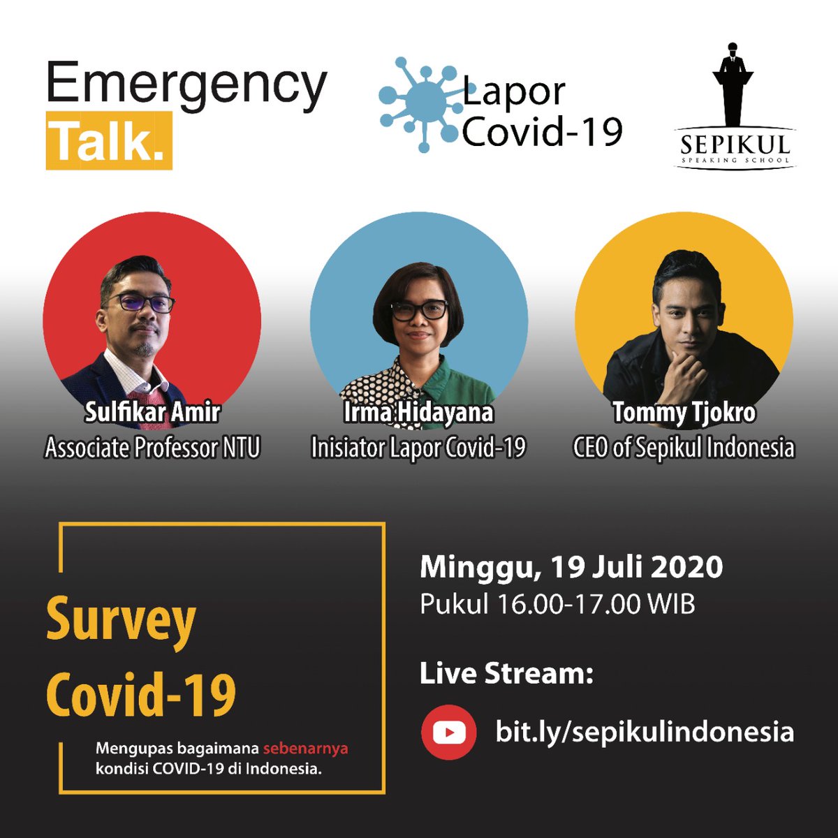 SURVEY COVID-19
Hingga saat ini masih terjadi penularan virus Covid-19 di masyarakat. Kasus terinfeksi dan kematian di Indonesia terus bertambah. 
#laporcovid #laporcovid19 #talkshow #webinar #AdaptasiKebiasaanBaru #BersamaLawanCovid19