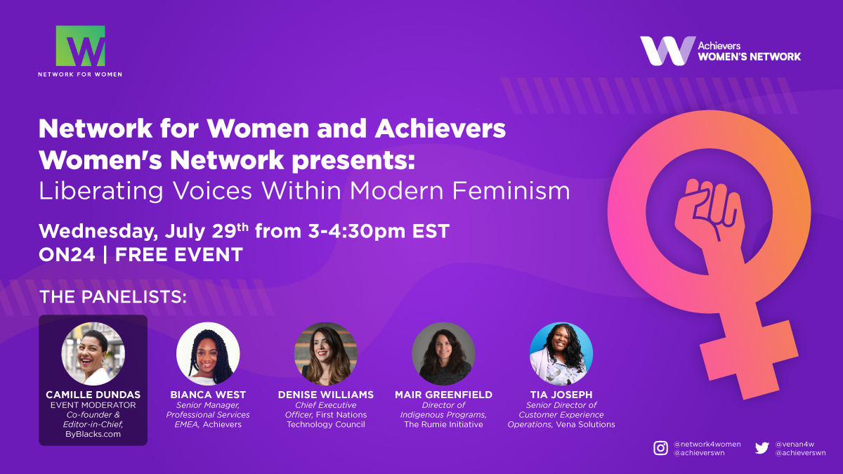 achieverswn's tweet photo. AWN and @venaN4W are excited to announce this important conversation! Liberating Voices Within Modern Feminism, will highlight our Indigenous and Black communities and the systematic challenges they face in the workplace and everyday life. https://t.co/uVpO3kWW2D https://t.co/nBGnmZaek7