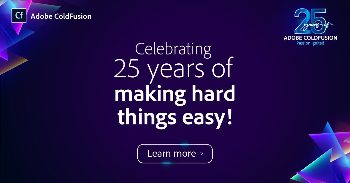 coldfusion's tweet photo. Adobe ColdFusion was born from a vision to help coders change the norms of web-application development. 25 years later, we’ve done just that by creating a legacy that fits every coder - beginner, intermediate or advanced! Learn more: https://t.co/4ISNMEwUGi #25YearsofCF #Adobe https://t.co/Qa405ZY7UL