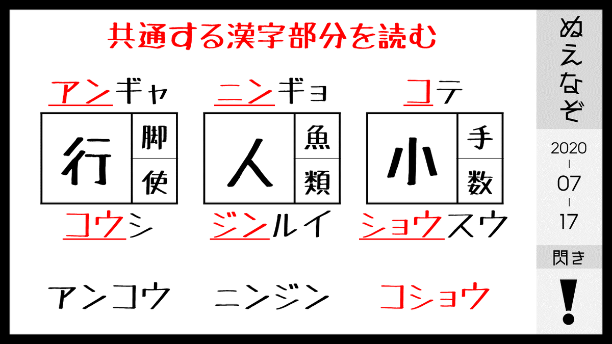 うりよしきば 漢字の読みを当てはめ大きい漢字を上から読みます 答えは コショウ となります