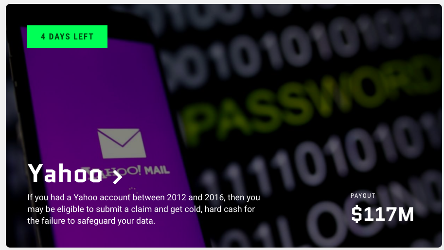 ddpforall's tweet image. ONLY FOUR DAYS LEFT TO CLAIM MONEY FROM YAHOO!

&quot;Even the simplest, undocumented claim should be able to get: (1) two years of free identity protection services or (2) a payout between $100 and $355...&quot;

blog.datadividendproject.com/data-breaches-…