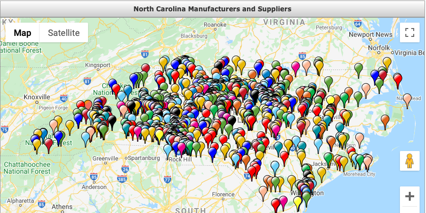 NCBioNetwork's tweet photo. #DYK that NC hosts at least 31 industry sectors of manufacturing? This map shows locations and sectors. https://t.co/YMq3aGovAB 

#NCmanufacturing
#biomanufacturing https://t.co/GYeBOMHLZ0