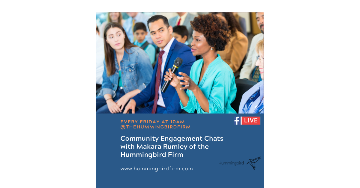 HummingbirdFirm's tweet photo. Join us today for our Community Engagement Chat!  Live goes on...!? #hummingbirdway #communityengagement #culturalcompetency#publicinvolvement https://t.co/Ulq5zyAzaU