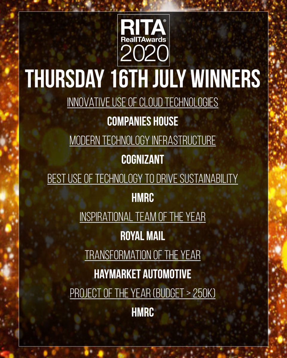 citf_tweet's tweet photo. The winners from Day 4 of RITA 2020 have been announced!
Yesterday's winners are:
@CompaniesHouse , @Cognizant , @RoyalMail,  @Haymarket_Media and @HMRCdigital 

Congratulations! Make sure to tune in today for the Overall Winner announcement.

#RITA2020 #RealITAwards https://t.co/hJJWr1IAQr