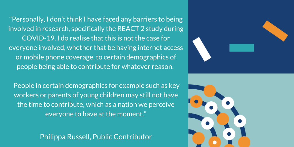 The public contributors also acknowledged the short time frames but felt the major challenge was that some demographics might be left out of involvement because they don’t have time (e.g. key workers) or internet access