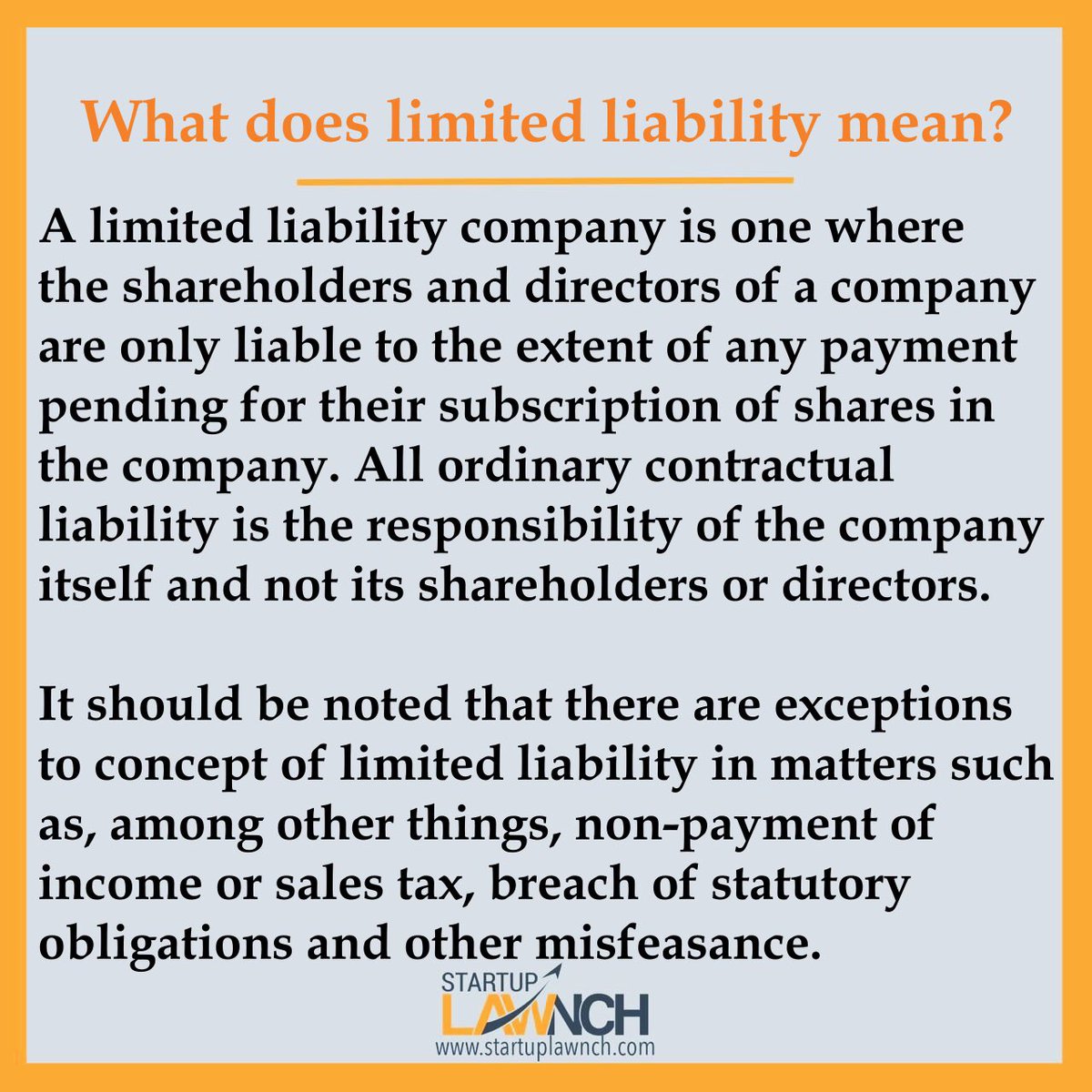 startuplawnch's tweet photo. We have explained the concept of limited liability for a shareholder and director in a private company limited by shares below. It should be noted that the concept has many exceptions and a lawyer should be consulted for your specific situation.

#Law4Startups #Pakistan https://t.co/DAodr0p2qB
