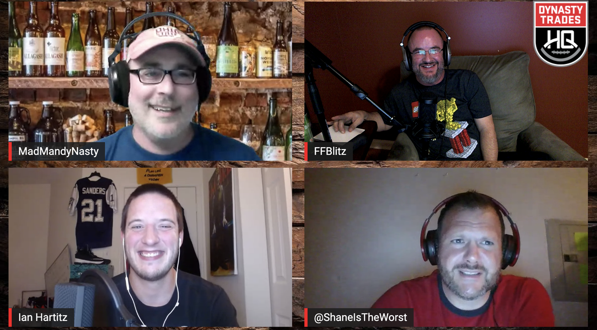 DynastyTradesHQ's tweet photo. Check out the newest episode of @DynastyTradesHQ podcast with our guest Ian Hartitz ( @Ihartitz ) of @PFF and the host of the @PFF_Fantasy Podcast! 
Join @ShaneIsTheWorst @DynastyMadman &amp; @FFBlitz as they talk RBs, QBs &amp; the Fantasy Rankings process!
https://t.co/klYM4mRvOk https://t.co/apXBVLgcdp